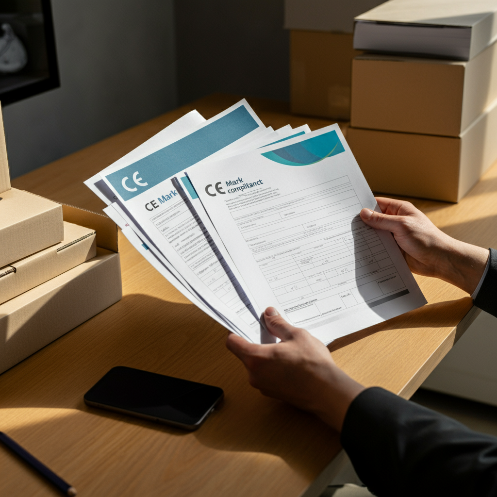 Prozess zur Einhaltung der Marktüberwachungsverordnung, der Hände zeigt, die CE-Kennzeichnungsdokumente und Produktverpackungen an einem gut beleuchteten Büroarbeitsplatz prüfen.