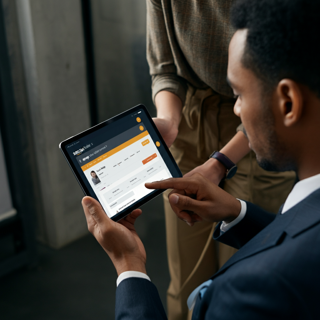 Hands holding a tablet displaying the Amazon Seller App dashboard in a UK office, focusing on entity confirmation and lead validation to prevent dead leads in 2026.