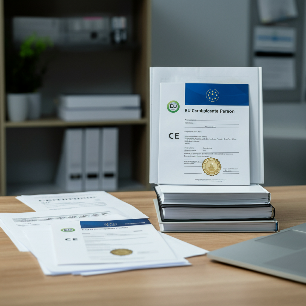 Ein Büroschreibtisch mit Konformitätsbescheinigungen für den EU-Bevollmächtigten, CE-Kennzeichnungsdokumenten und Verordnungsbüchern, die die Produktkonformität in der EU veranschaulichen.