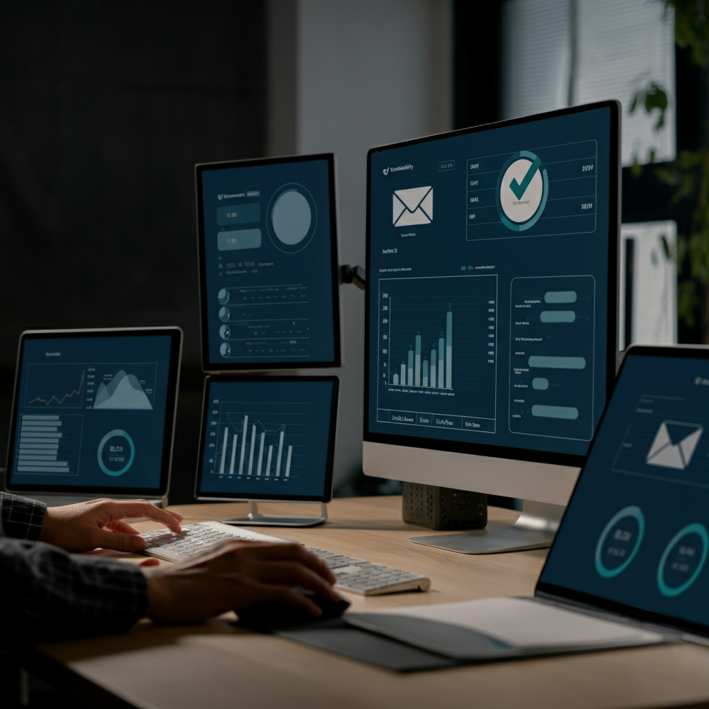 Email Deliverability Testing visual: agency team analysing digital dashboards with compliance checkmarks and deliverability charts in a modern office.