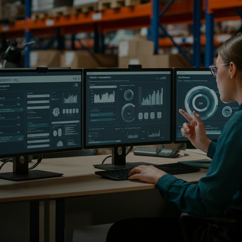 Vendor Inventory Management professionals in a modern warehouse office reviewing digital inventory dashboards and barcoded stock to prevent fake Amazon seller data waste.