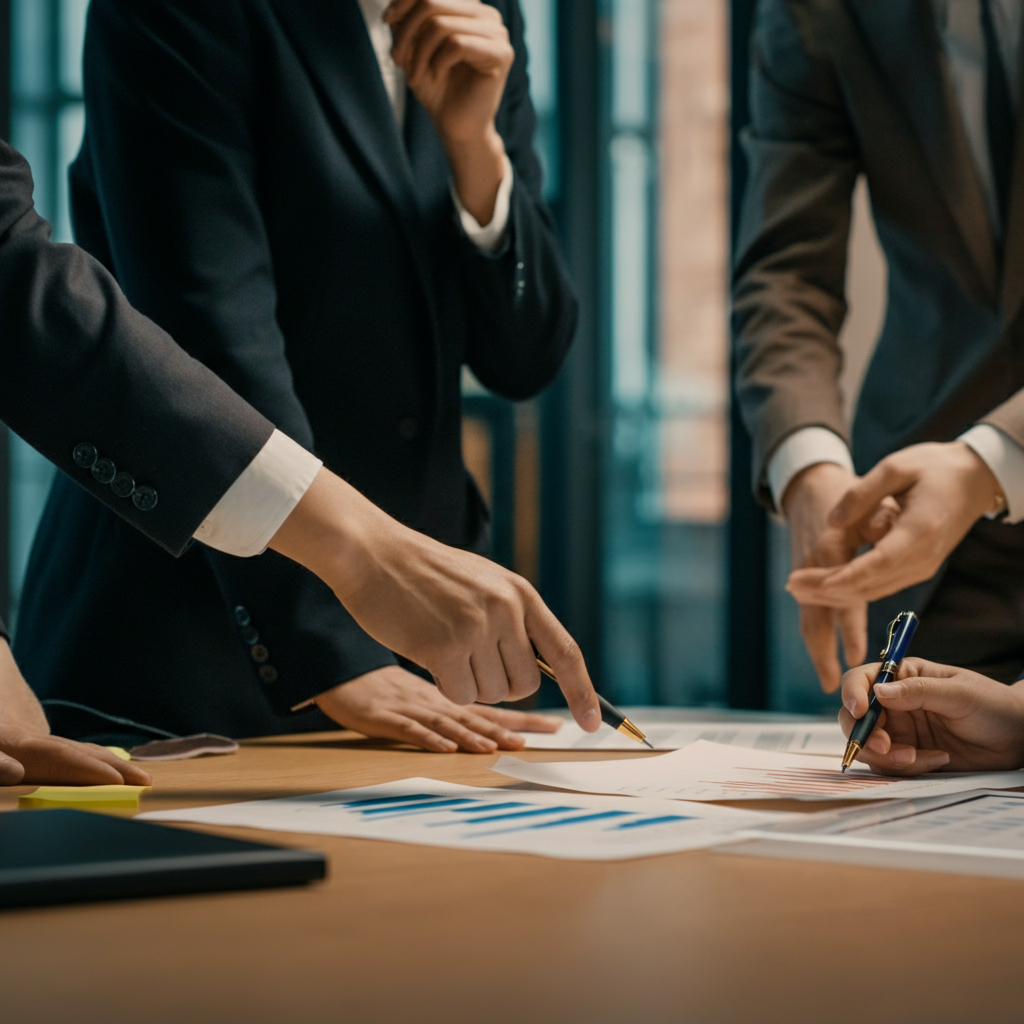 Hände von Geschäftsleuten, die Compliance-Dokumente und Diagramme in einem modernen Büro konsultieren, welche die Strafen der Marktüberwachungsverordnung für chinesische Verkäufer im Jahr 2026 illustrieren.