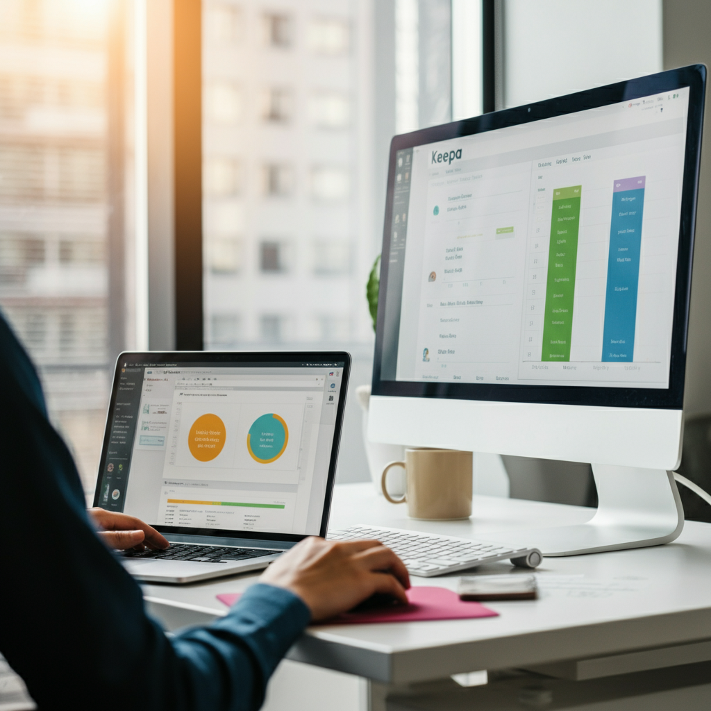 Keepa Chrome Extensions dashboard with Amazon seller data analytics on laptop and monitors, showing how to catch dissolved entities in a commercial office setting.