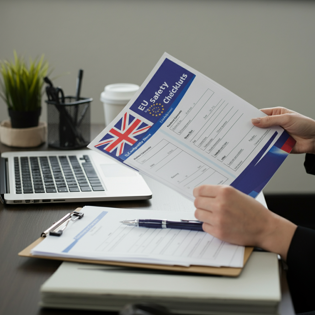 Britischer Büroschreibtisch mit Händen, die EU-Konformitätsdokumente und Produktsicherheits-Checklisten überprüfen, illustriert [[EU-Konformität]] für Amazon FBA Verkäufer vor der GPSR 2023/988 Frist.