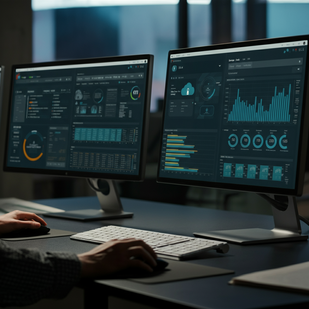 Modern British office showing hands operating cloud analytics dashboards for AWS Quick Insight, highlighting domain reputation and SaaS risk assessment in 2026.