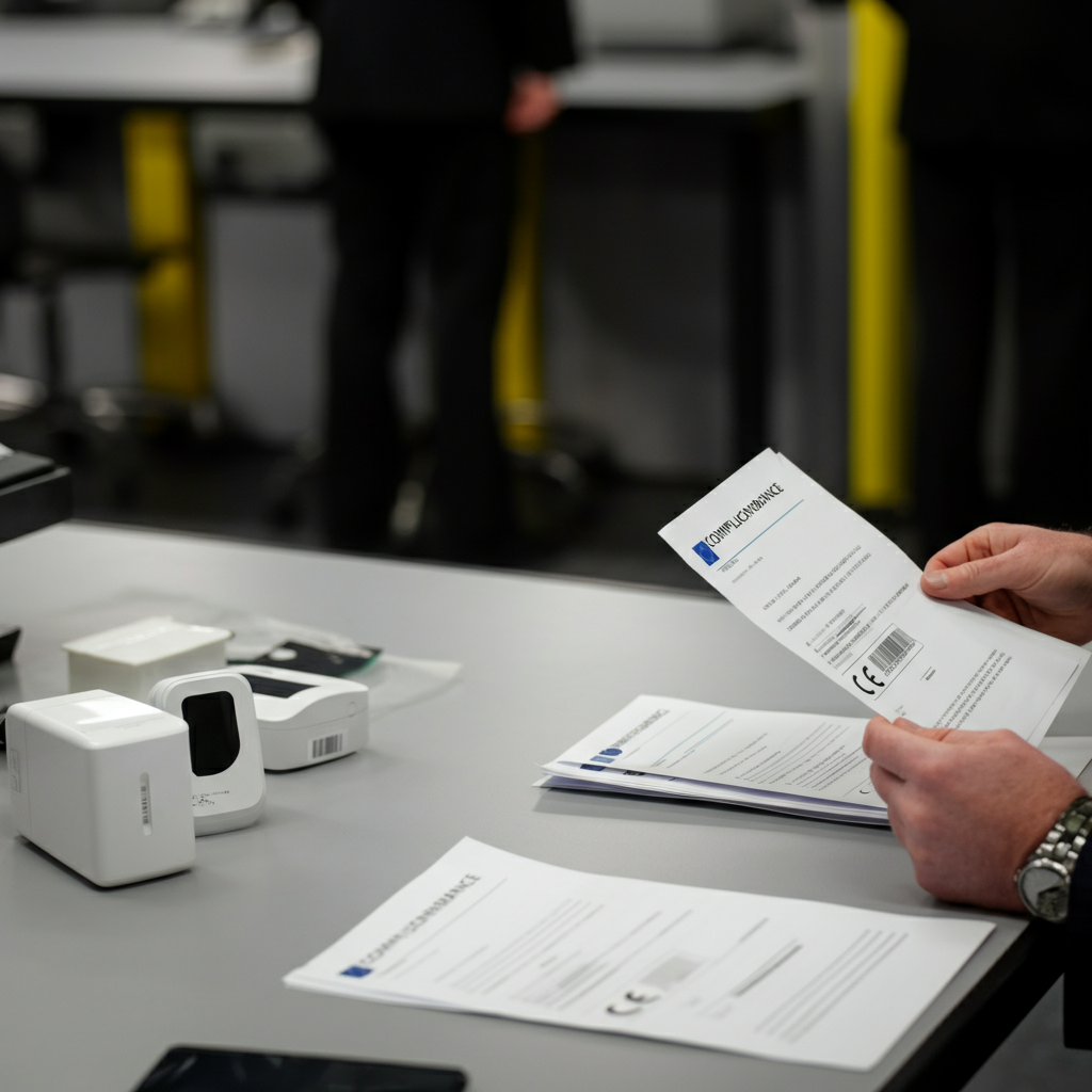 Hände halten CE-Kennzeichnung und RoHS-Konformitätsdokumente sowie CE-gekennzeichnete Elektronikartikel auf einem Prüftisch an einer EU-Grenze, was die Einhaltung gesetzlicher Vorschriften unterstreicht.