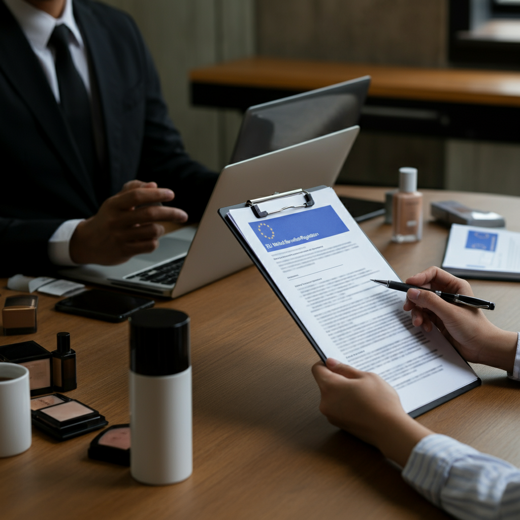 Hände eines Compliance-Teams, das Dokumente zur Marktüberwachungsverordnung und digitale Checklisten für die EU-Kosmetik-Compliance in einem modernen Büro prüft.