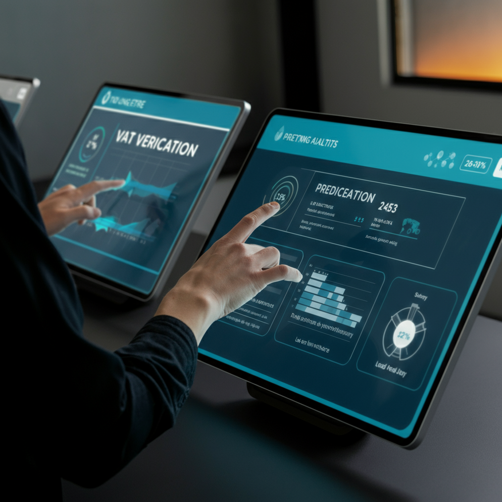 Hands of Amazon agency professionals interact with digital dashboards displaying [["Predictive Data Analysis" and VAT verification data in a modern office setting.