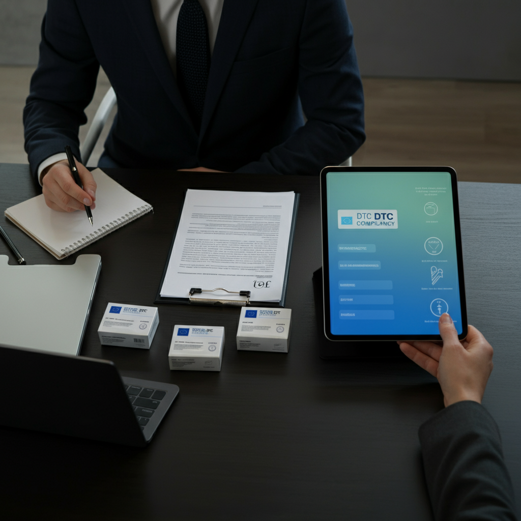 Ein Schreibtisch in einem britischen DTC-Büro mit Konformitätsdokumenten, Produktverpackungen und digitalen Tablets, die Symbole für EU-Konformität für Shopify- und DTC-Marken anzeigen.