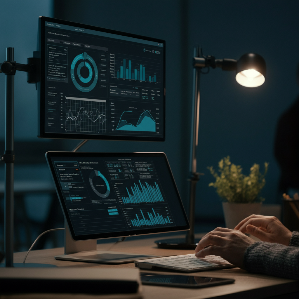 Hands typing on a keyboard beside analytics dashboards displaying [["Aws Quick Insight" data in a British office, highlighting data verification for cross-border trade consultants.