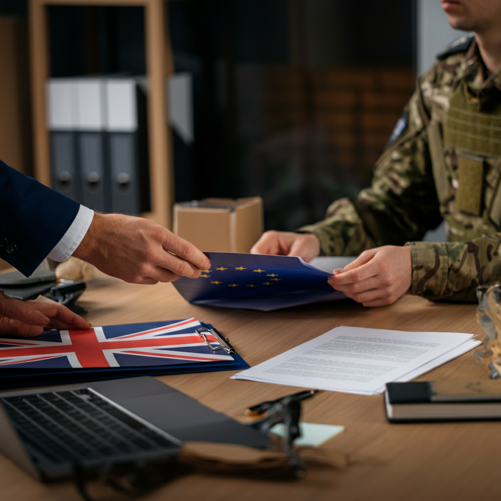 Hände von Geschäftsleuten, die EU-Konformitätsdokumente und Produktverpackungen handhaben, Ordner mit UK- und EU-Flaggen sichtbar, was die EU-Konformitätsanforderungen für britische Verkäufer im Jahr 2026 veranschaulicht.