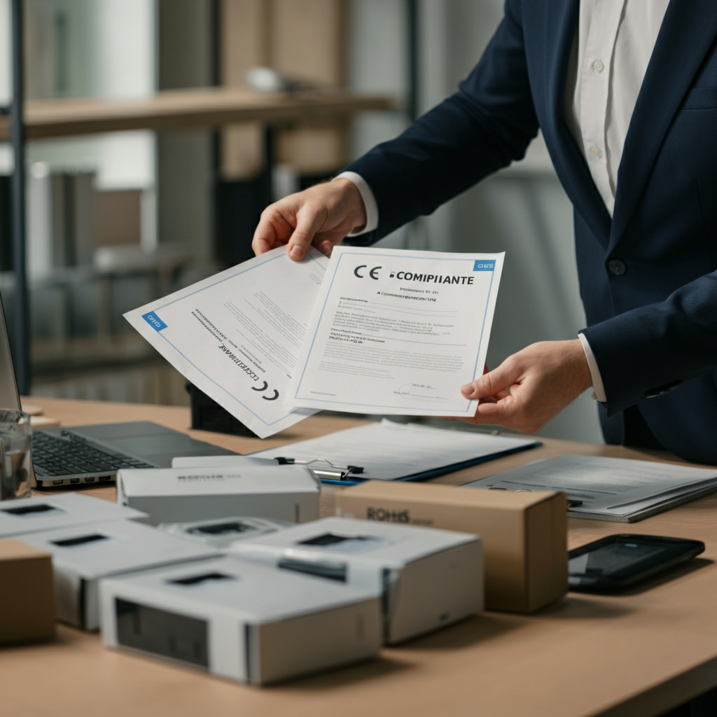Unternehmer überprüft CE-Kennzeichnung und RoHS-Konformitätszertifikate sowie elektronische Produktdokumente in einem Londoner Büro, um die eBay-Listungsberechtigung für 2026 sicherzustellen.