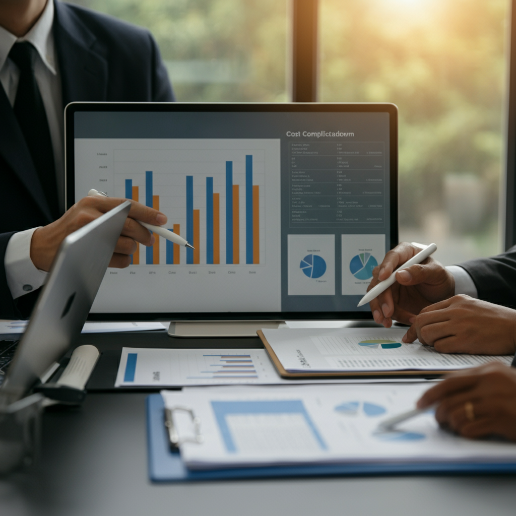 Hände von Geschäftsleuten, die Diagramme zu den Konformitätskosten der Marktüberwachungsverordnung auf digitalen Geräten in einem britischen Büro analysieren, 2026.