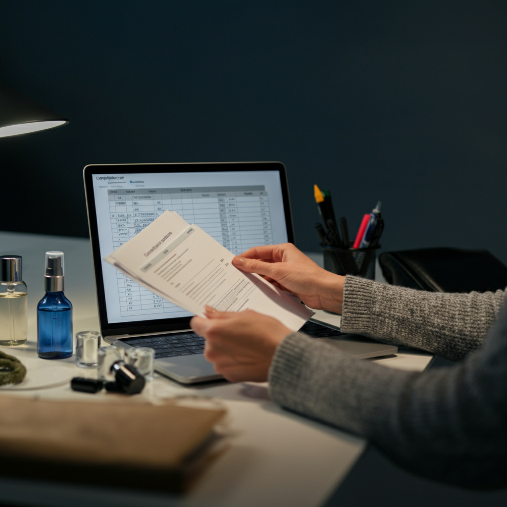 在英国办公室，双手审查产品信息文件文书、数字表格和化妆品样品，强调小型品牌的合规性。