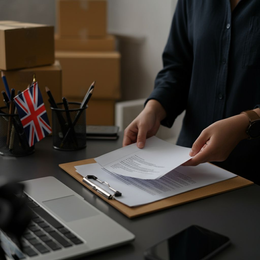 Hands reviewing UK cosmetic compliance documents on an office desk, Amazon boxes and UK flag in view, illustrating Uk Responsible Person requirements.