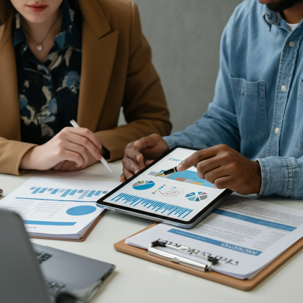 Hands of professionals reviewing Cosmetic Product Notification cost comparison charts and compliance documents on a digital tablet in a modern London office, highlighting EU regulatory compliance.