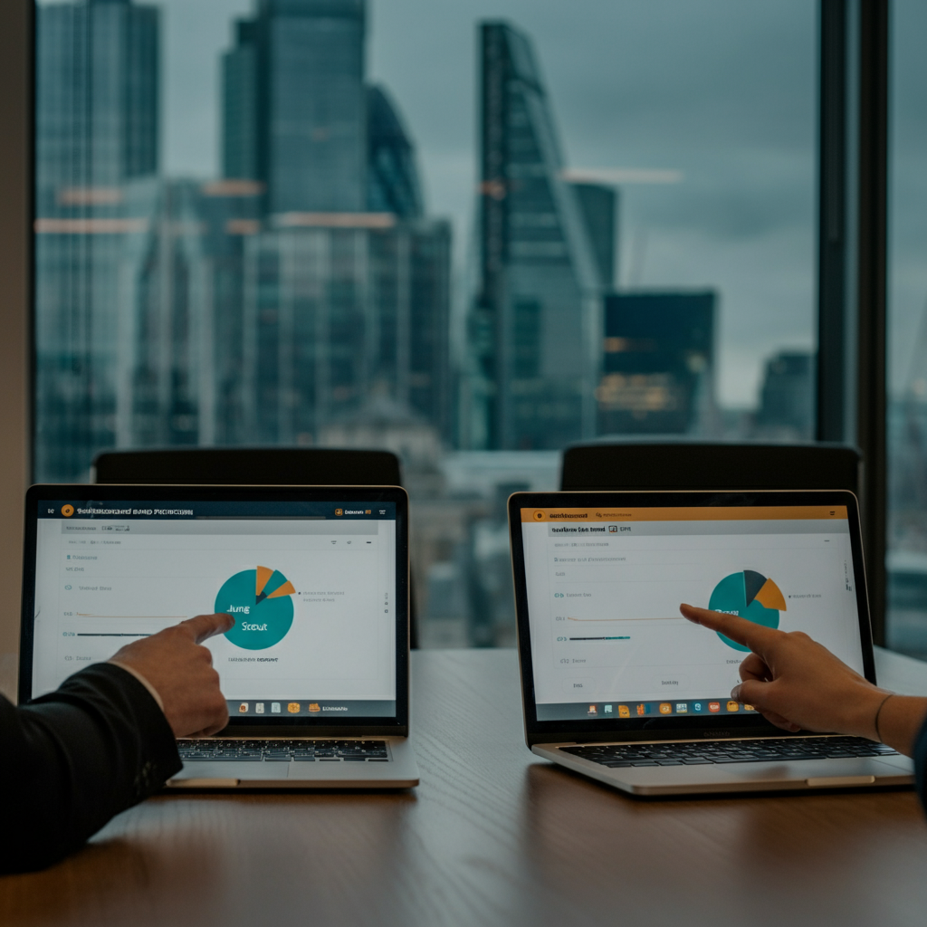 Sellerboard and Jungle Scout comparison dashboards displayed on laptops in a UK office, highlighting Amazon brand protection and bounce rate features.