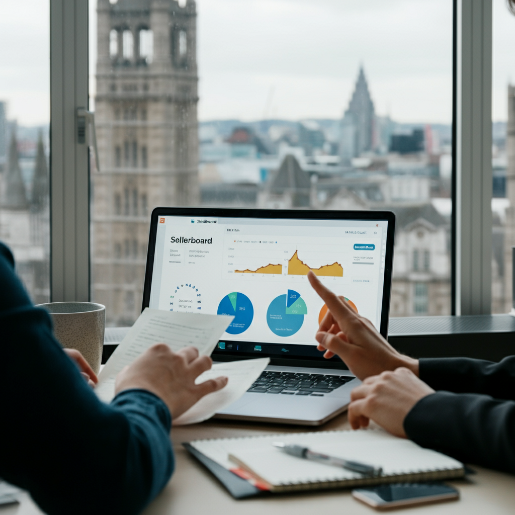 Two laptops display Sellerboard and Jungle Scout analytics dashboards side by side in a UK office, illustrating Amazon brand protection and bounce rate comparison.