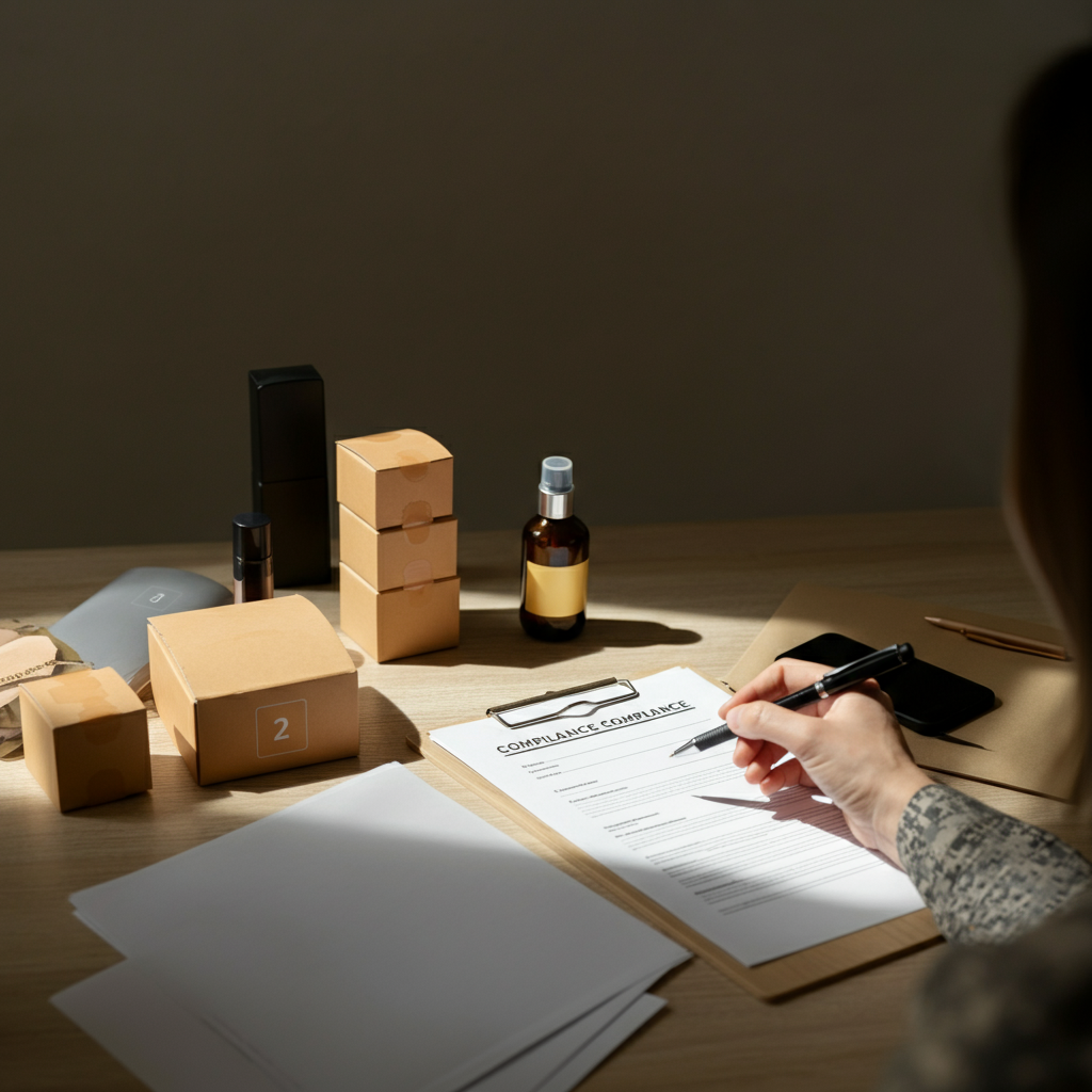 eBay 卖家的化妆品通报流程——工作区内有贴有标签的化妆品盒、合规文件，以及正在审查 2026 年欧盟法规文件的手。