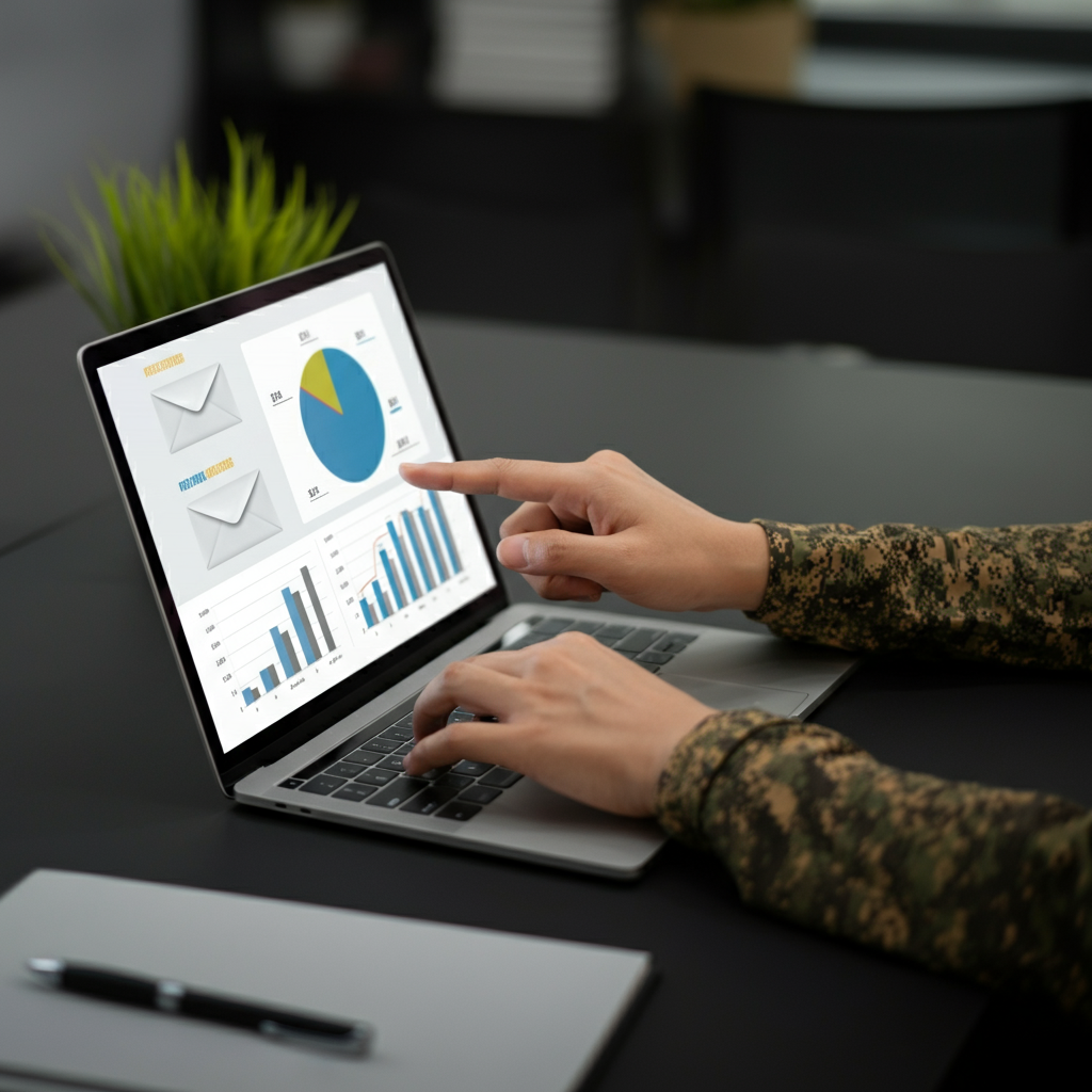 Hands operating a laptop displaying Email Verification Tool statistics in a modern SaaS office, illustrating the impact of tool choice on outreach ROI.