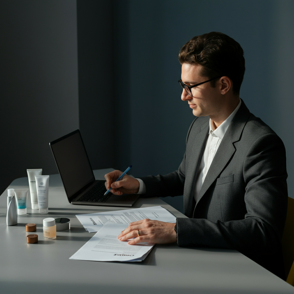一位英国商务人士在现代办公桌上准备化妆品通报门户文件，桌上摆放着欧盟文件和化妆品样品，突显了合规风险。