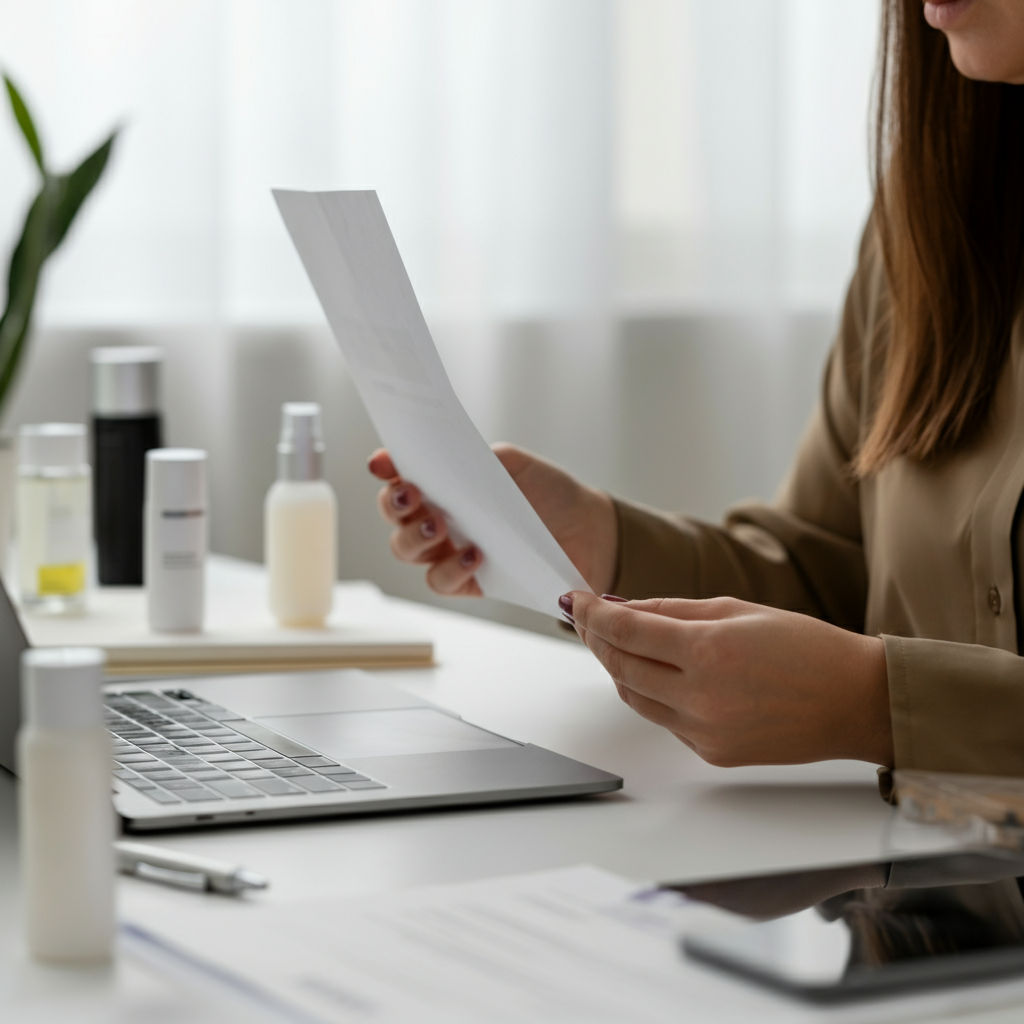 双手正在审查桌上的 EC 1223 2009 合规文件和带标签的化妆品，显示了小品牌面临的海关查扣风险。