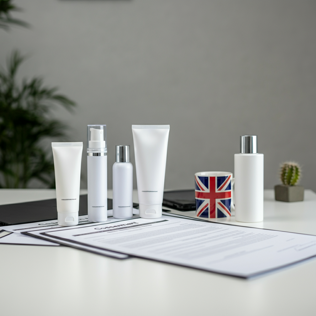 Cosmetic Assessment products and compliance documents arranged on a white desk in a British office, illustrating Amazon FBA safety and EU compliance.