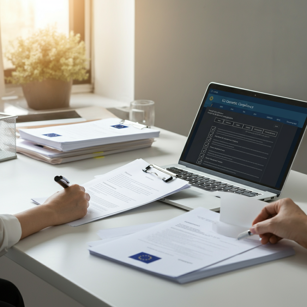 Cosmetic Compliance office scene showing orderly compliance documents, elegant cosmetic packaging, and a laptop with EU regulation checklists for Shopify brands.