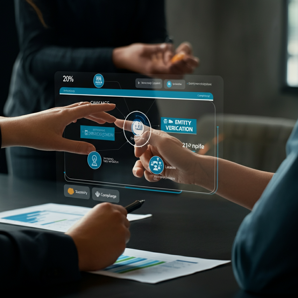 Hands collaborating over a cloud dashboard featuring Redshift In Aws and entity confirmation icons, demonstrating Amazon aggregator data workflows and compliance.