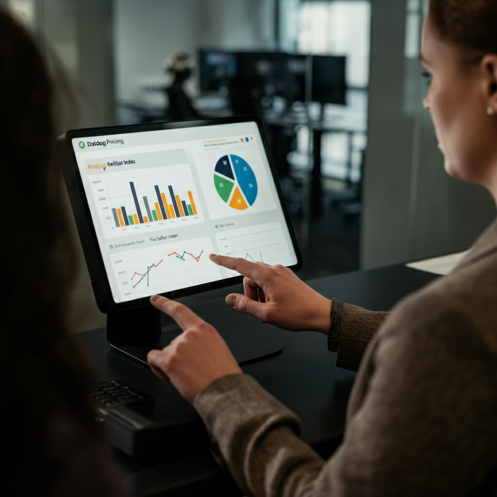Hands of two business analysts comparing [[Datadog Pricing]] and The Seller Index on a touchscreen in a UK office, highlighting Amazon data cost accuracy.