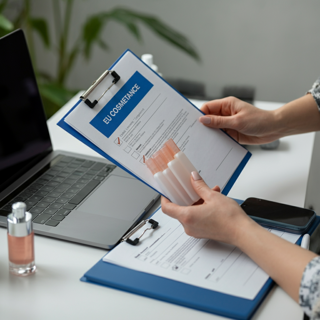 Hands reviewing cosmetic product samples and compliance paperwork on a tidy office desk for [[Eu Cosmetics compliance, illustrating Amazon listing requirements.