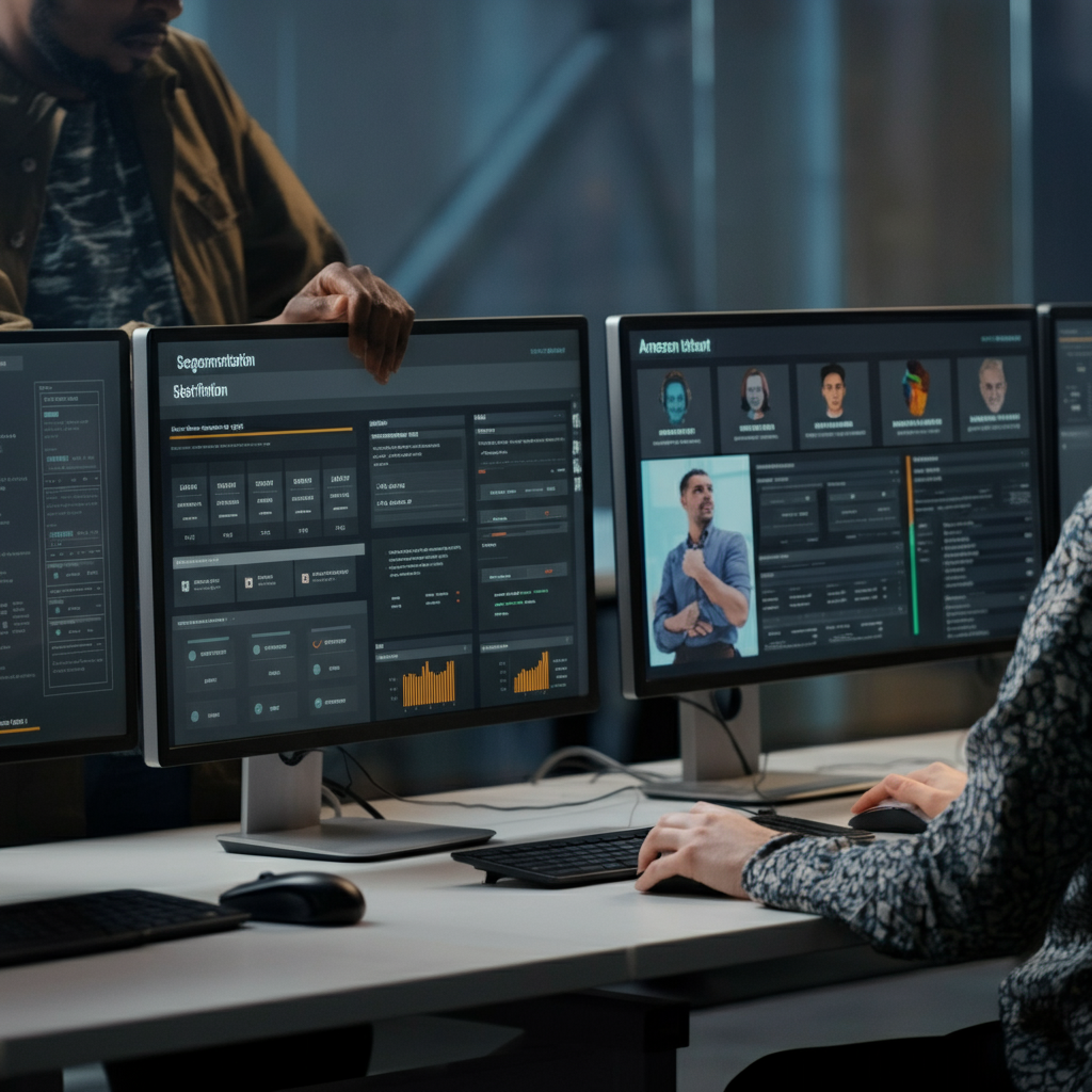 Targeting Customer Segments visual showing agency workstations with segmentation data and last-seen verification dashboards for Amazon seller outreach.