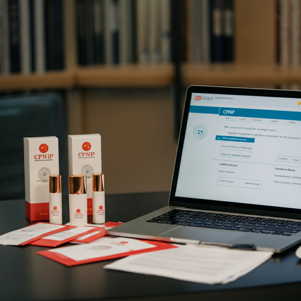 在伦敦办公室背景下展示的中国化妆品卖家CPNP注册流程，包括产品包装、合规文件和欧盟门户网站。