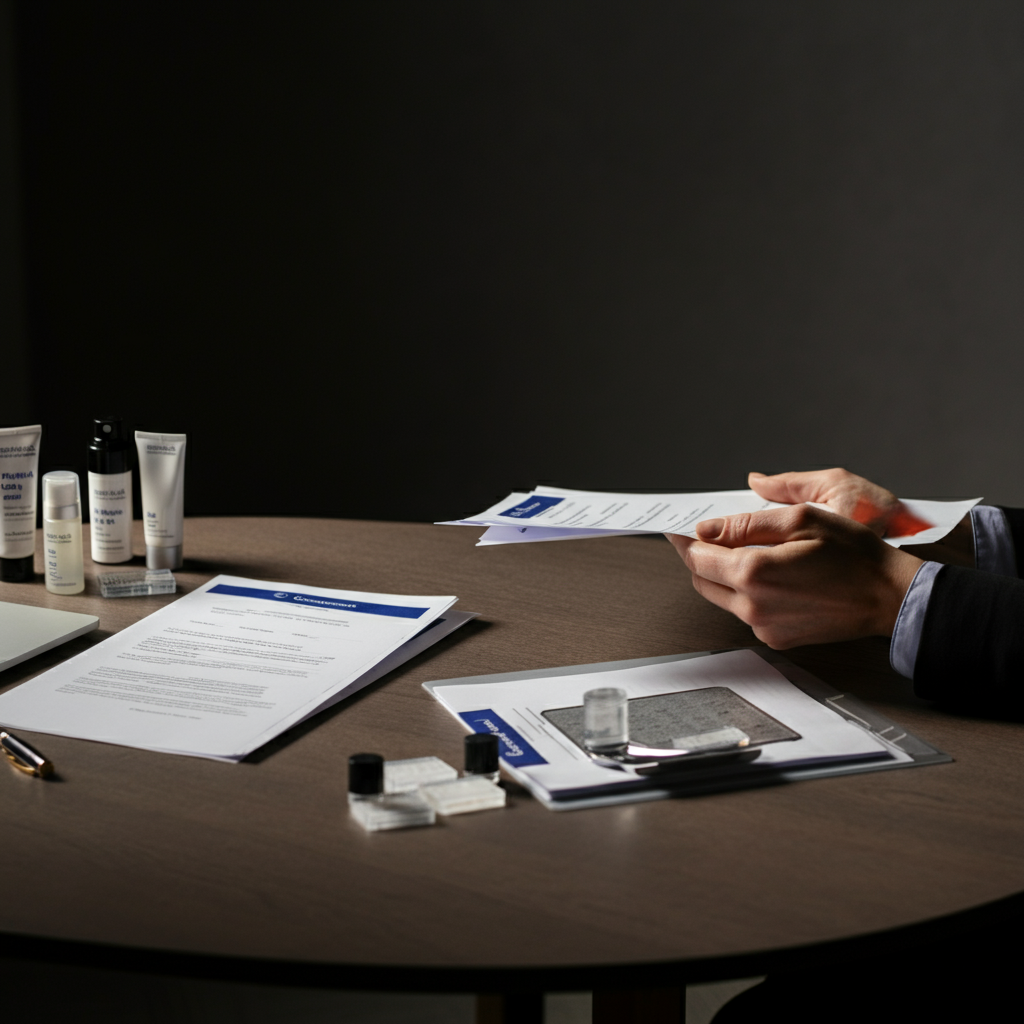 Cosmetic Industry Regulations visual showing a UK Amazon seller reviewing CPSR documentation and cosmetic product samples at a modern office desk.