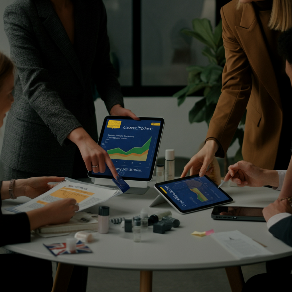 一支英国商业团队在现代办公室中审查化妆品产品通报合规文件和产品样品，重点关注2026年欧盟卖家的费用。