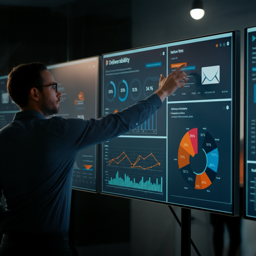 A British business team reviews digital dashboards displaying deliverability metrics for Amazon sellers using an [["Email Verification Tool" and Helium 10.