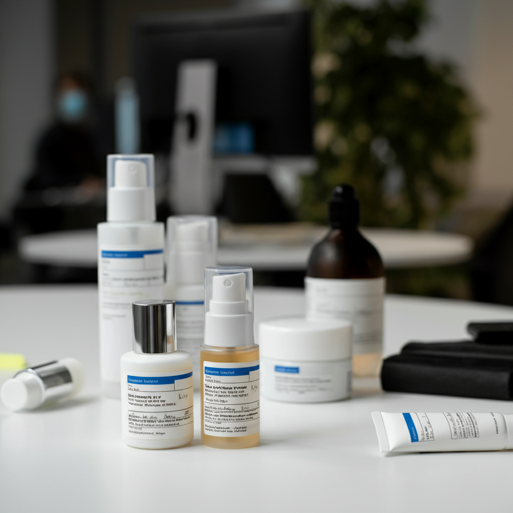 化妆品标签要求视觉图，展示在现代办公环境中，符合英国标准的产品包装，带有清晰的成分列表、批号、有效期和监管详情。