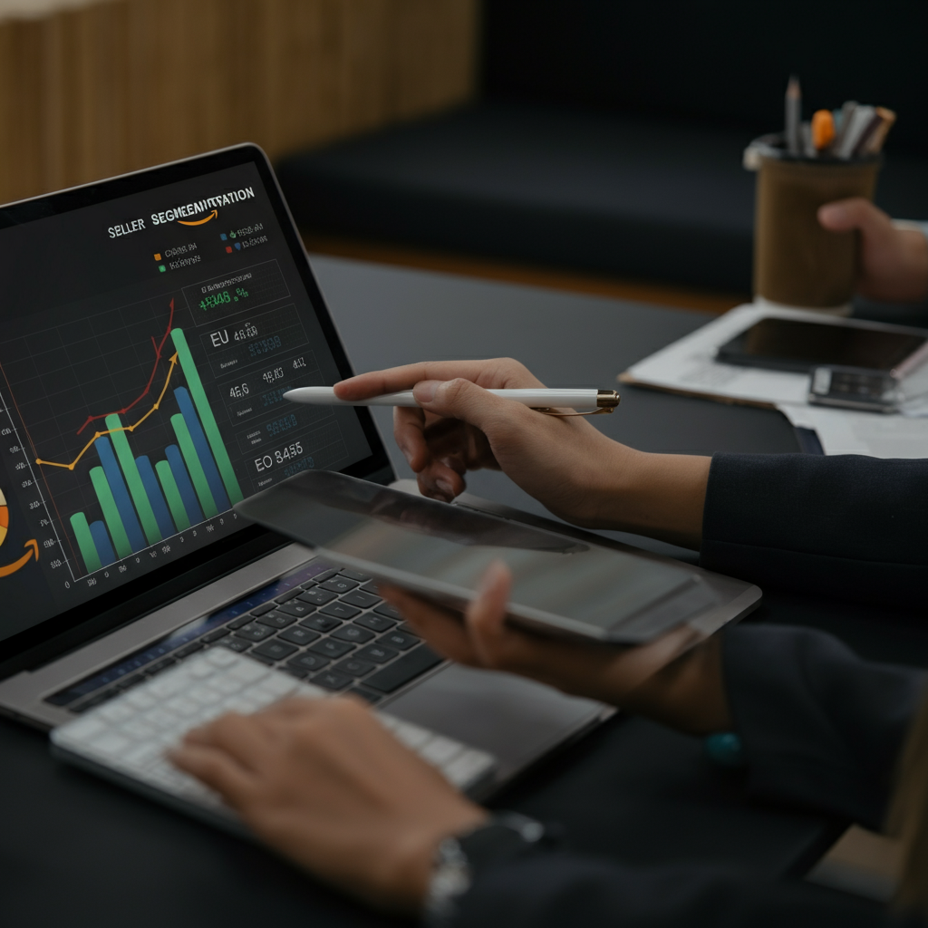 Segmentation Targeting And Positioning visual showing professionals analyzing Amazon marketplace data, focusing on EU compliance and outreach strategies.