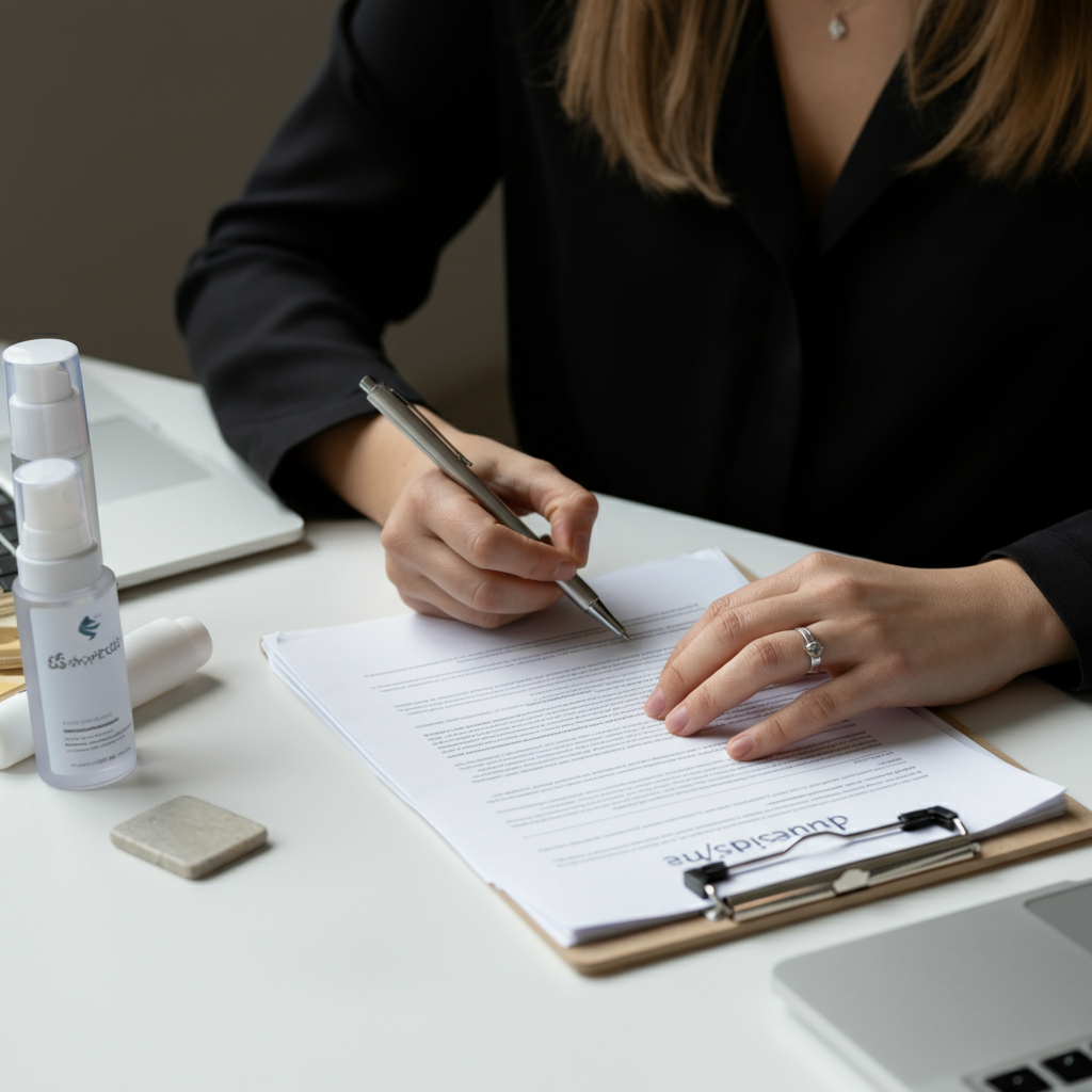 A UK Shopify entrepreneur reviewing Cosmetic Regulation 1223 2009 compliance documents, with cosmetic product samples and paperwork for EU market readiness.
