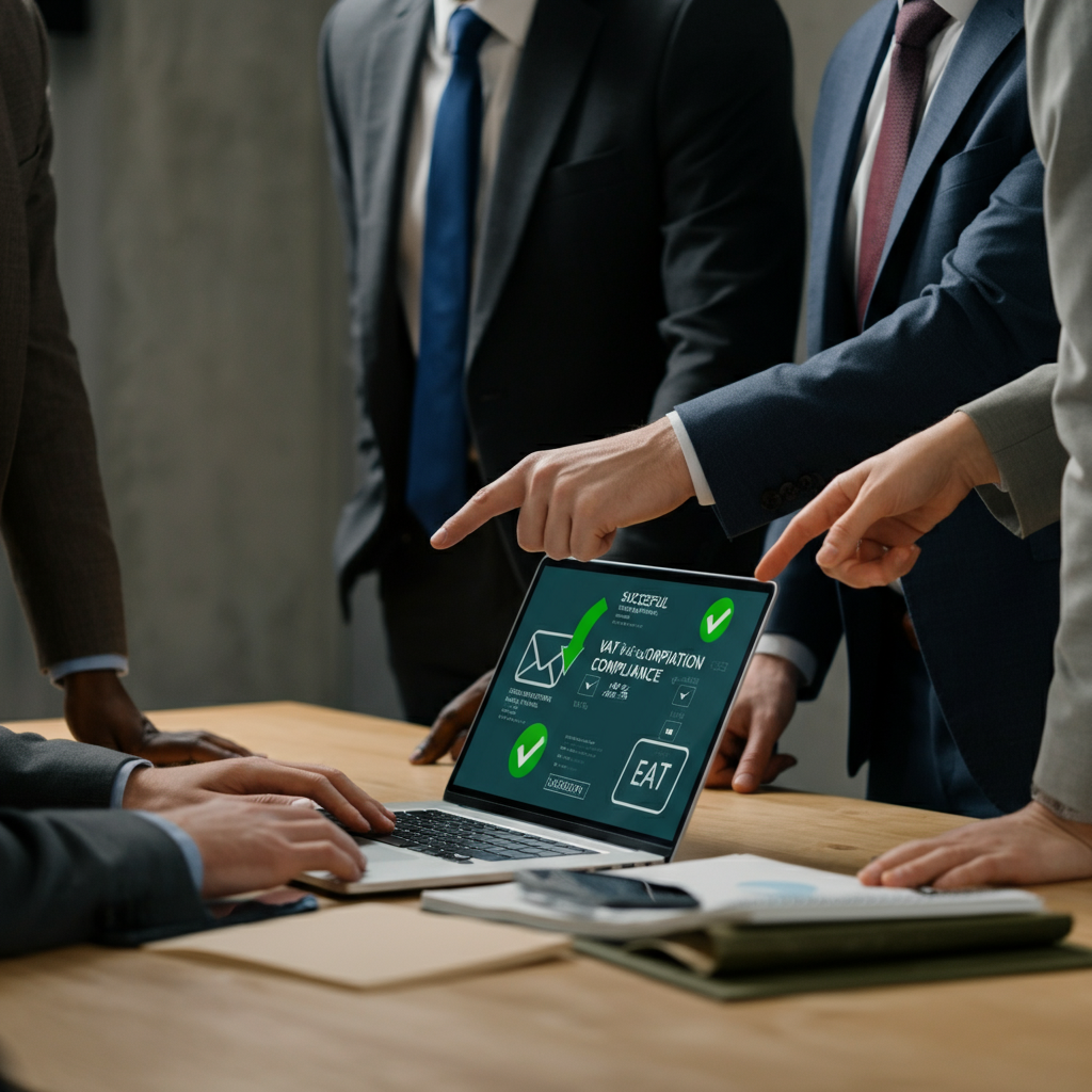 Email Verifier dashboard shown on a laptop in a British office setting, with hands collaborating on validating seller contacts and VAT compliance for 2026 campaigns.