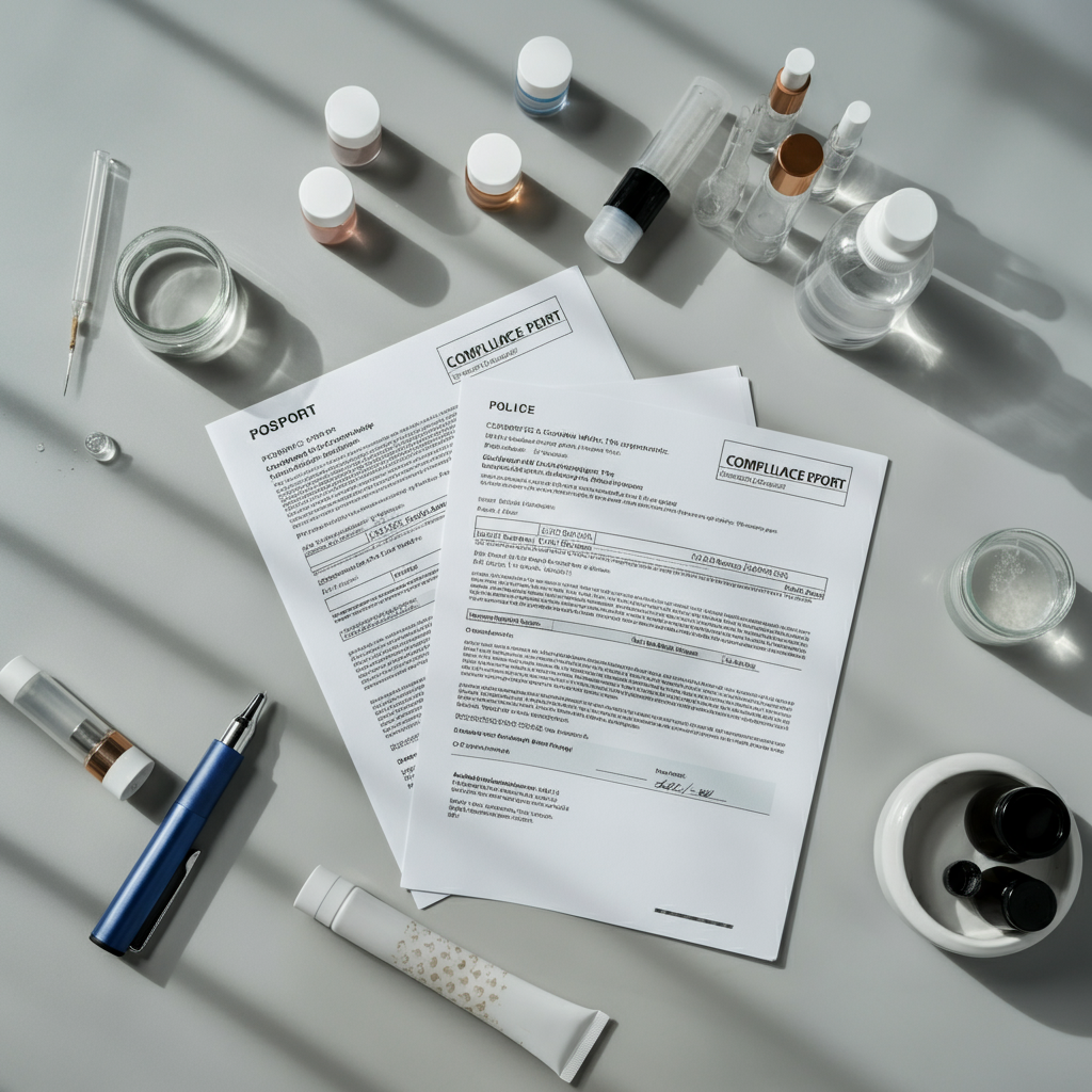 Cosmetic Assessment documents, compliance reports, and cosmetic samples arranged with laboratory equipment to illustrate Amazon product safety and EU regulations.