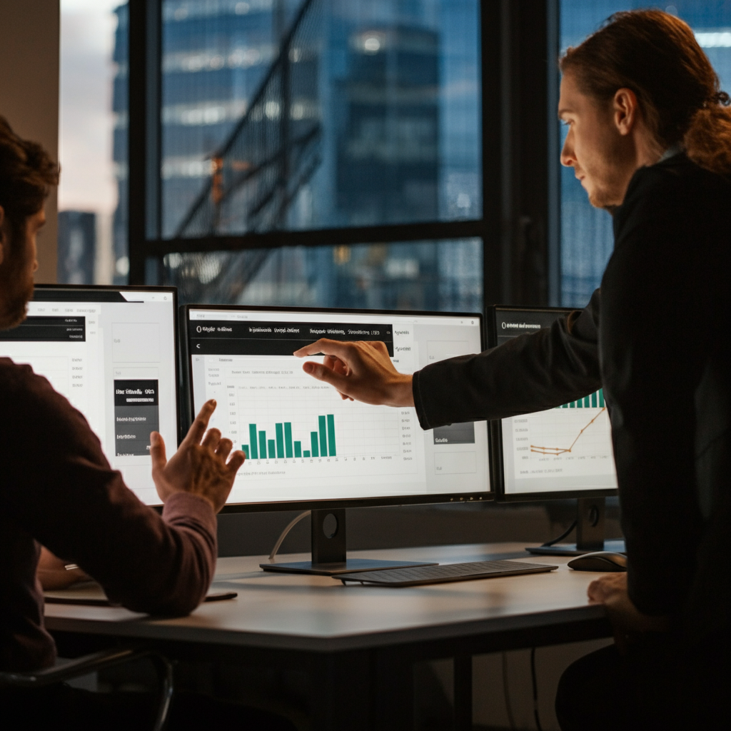 Targeting Audience segmentation for SaaS firms shown by hands analyzing Amazon seller data dashboards in a modern UK office environment.