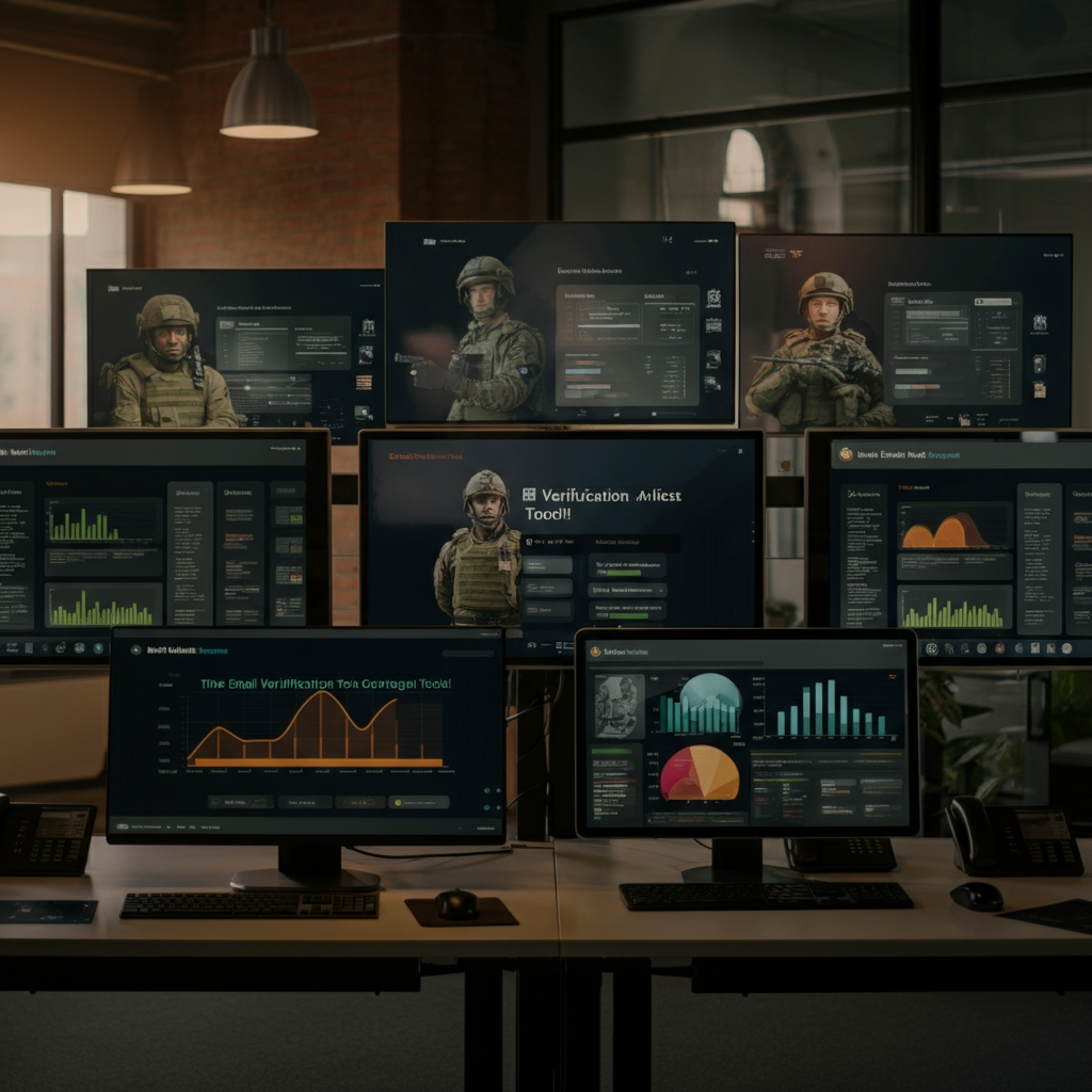 Seven digital dashboards display Email Verification Tool analytics for Amazon seller outreach in a modern UK office, emphasizing data accuracy and B2B trust.