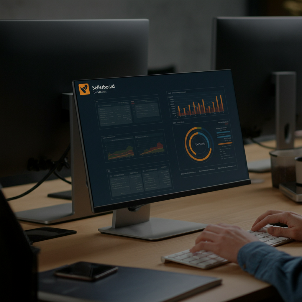 Hands of a logistics team analyzing Sellerboard VAT verified data on digital dashboards in a UK office, highlighting the importance of accurate seller information.