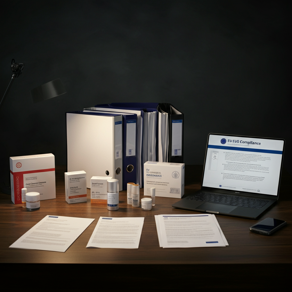 Cosmetic Compliance: Neatly arranged EU compliance documents, safety reports, and product packaging on a modern British office desk, showing regulatory diligence.
