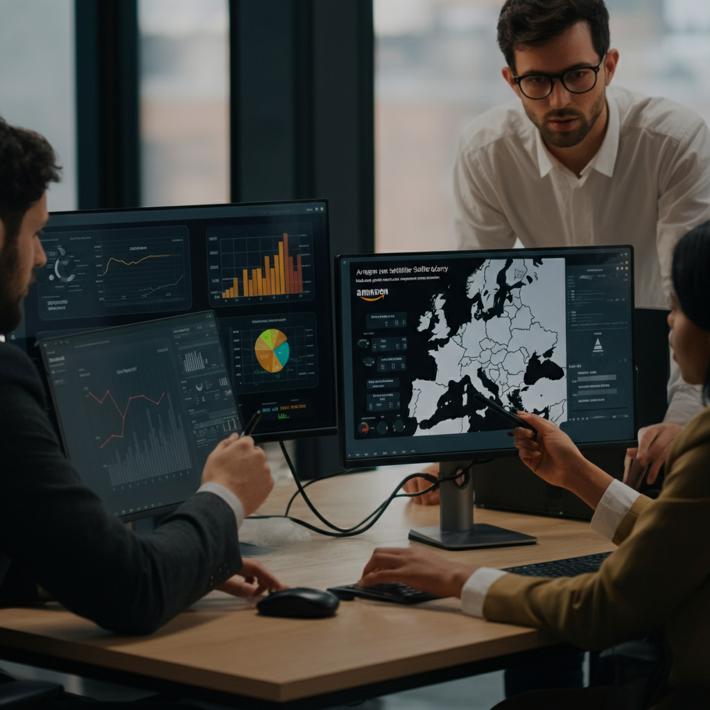 Segmentation Targeting And Positioning for Amazon agency owners shown as a team analyzing segmented seller data and European market trends in a modern office.