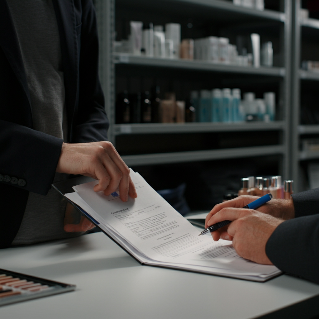 Cosmetic Responsible Person reviewing compliance documents and packaging in a British cosmetics warehouse, ensuring Amazon FBA brands meet EU and UK regulations.