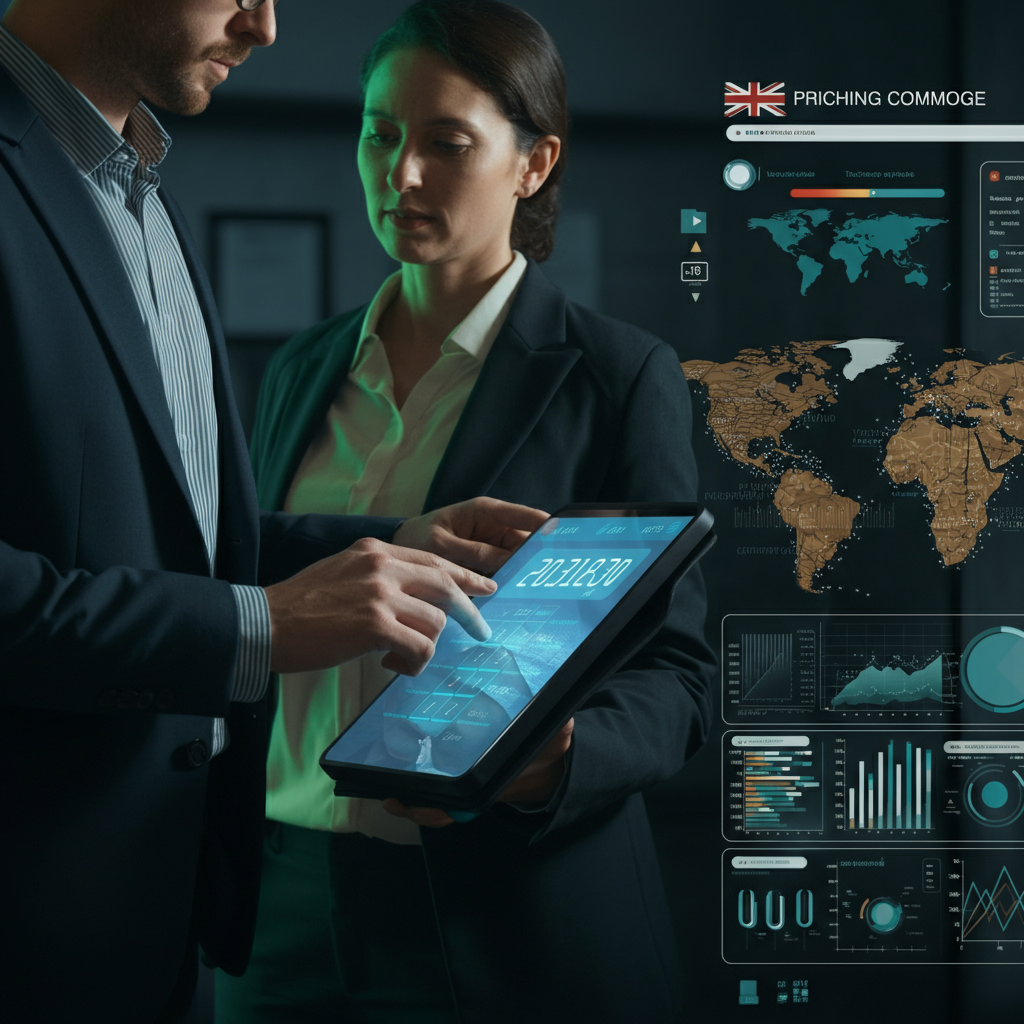 A pricing calculator interface displayed on a tablet, set in a modern office with global commerce charts, highlighting cross-border Amazon lead cost analysis for 2026.