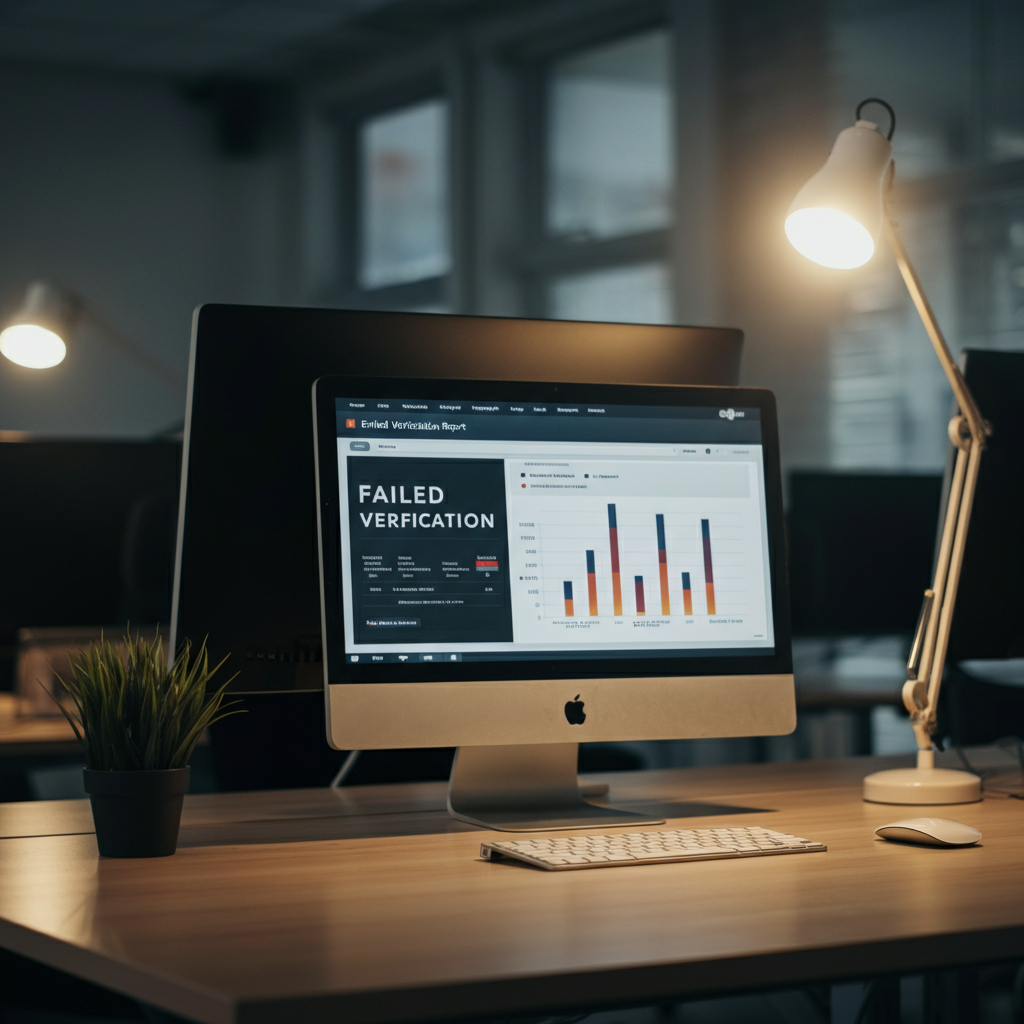 Fake Email Verifier dashboard displayed on a computer in a British office, highlighting invalid emails and domain reputation risks for business users.