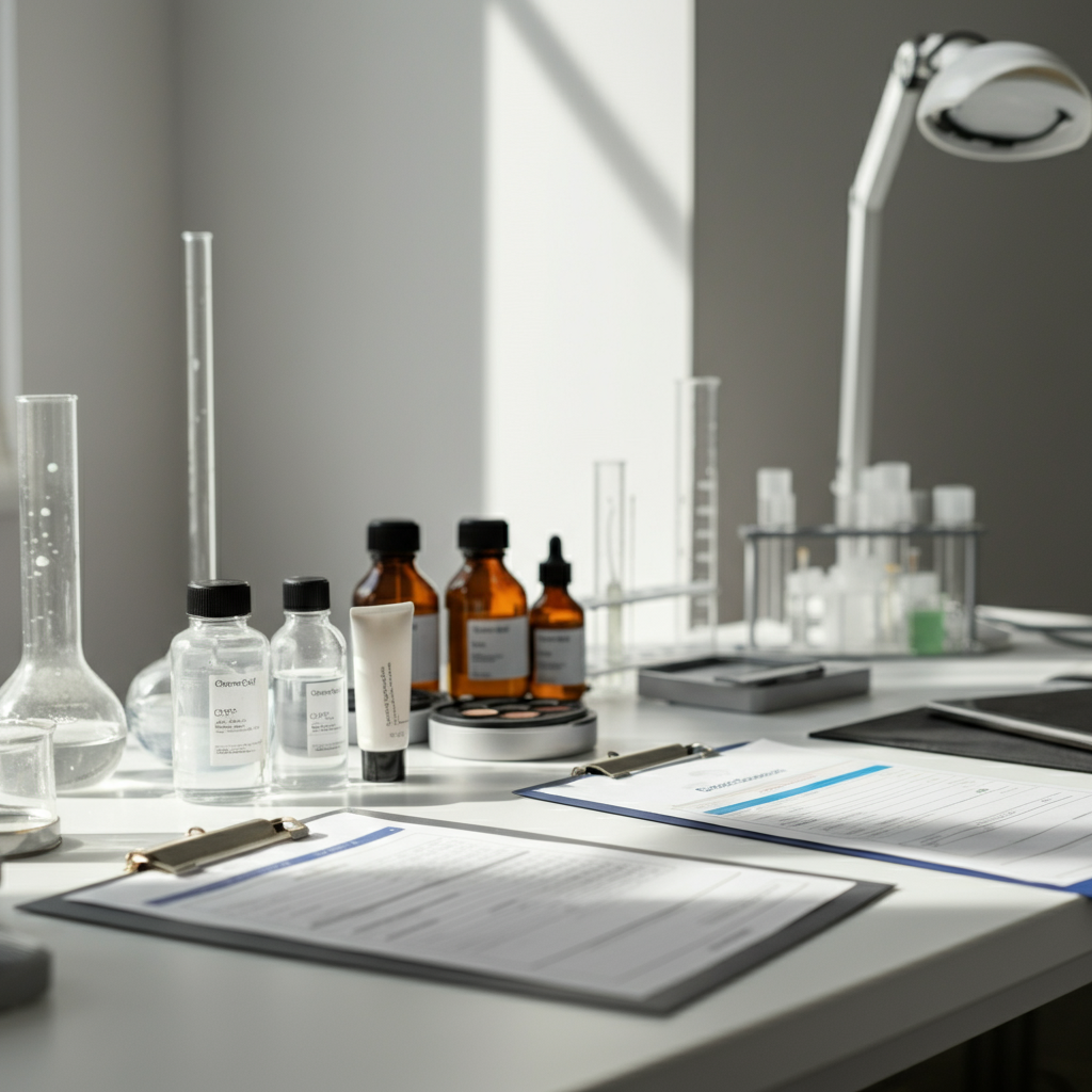 A modern British indie beauty laboratory workspace showing Cpsr Cosmetics safety reports, compliance documents, and lab equipment, representing 2026 compliance.